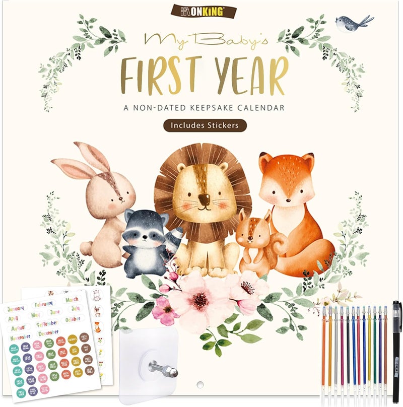 Monking Baby's First Year Calendar with Stickers by Bright Day - 1st Year Tracker - Baby Memory Book for Girls to Document and Cherish Baby First Year Milestones,- Milestone Keepsake for Baby Boy with Pocket - Image 1